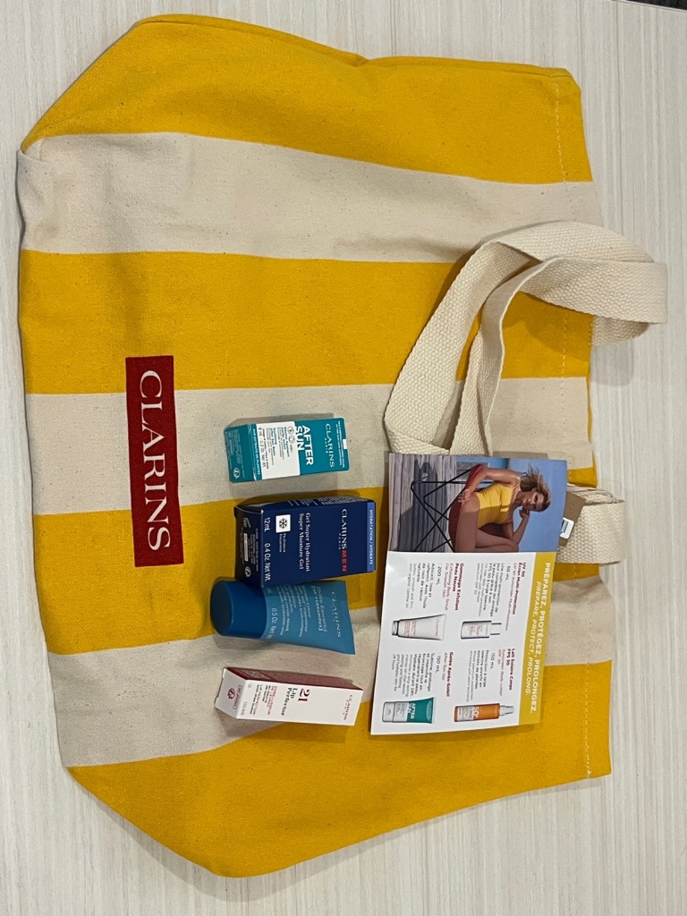 Clarins 5 pc Skincare Gift Set w FREE Striped Canvas Tote Brand New GWP